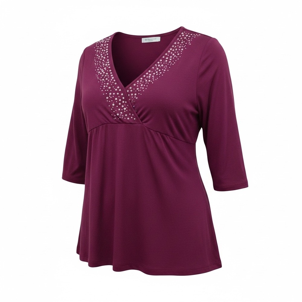 Liz Claiborne Woman Berry Magenta Studded V-Neck Empire Waist Top 1X 3/4 Sleeve